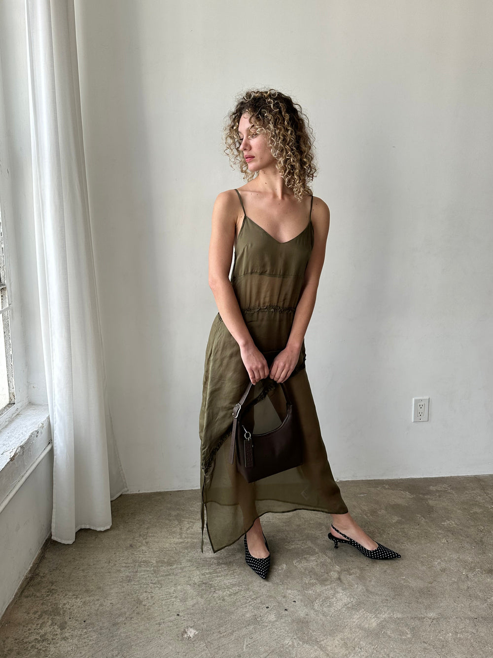 Sasha Ruffle Slip Dress Sheer Olive Fine Craftsmanship