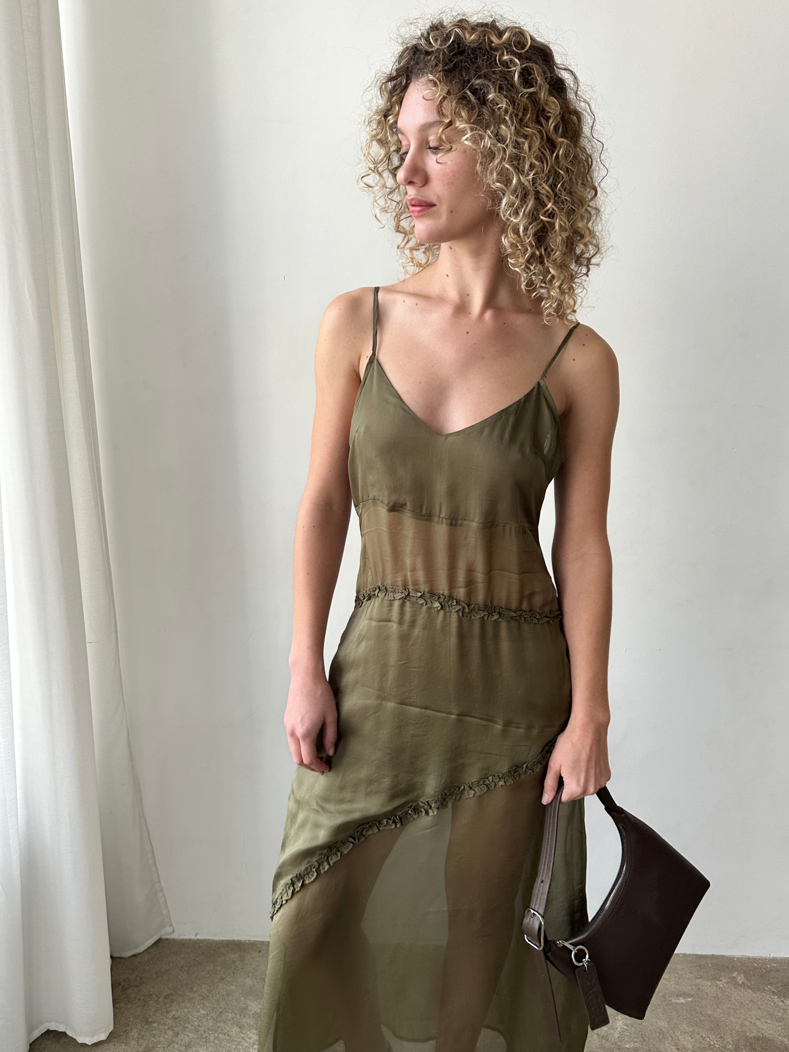Sasha Ruffle Slip Dress Sheer Olive Fine Craftsmanship