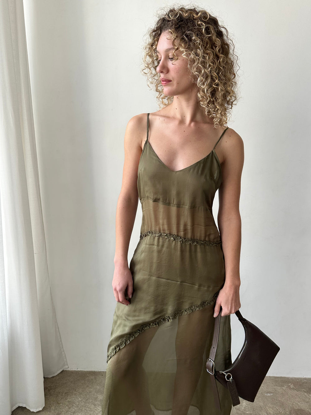 Sasha Ruffle Slip Dress Sheer Olive Fine Craftsmanship