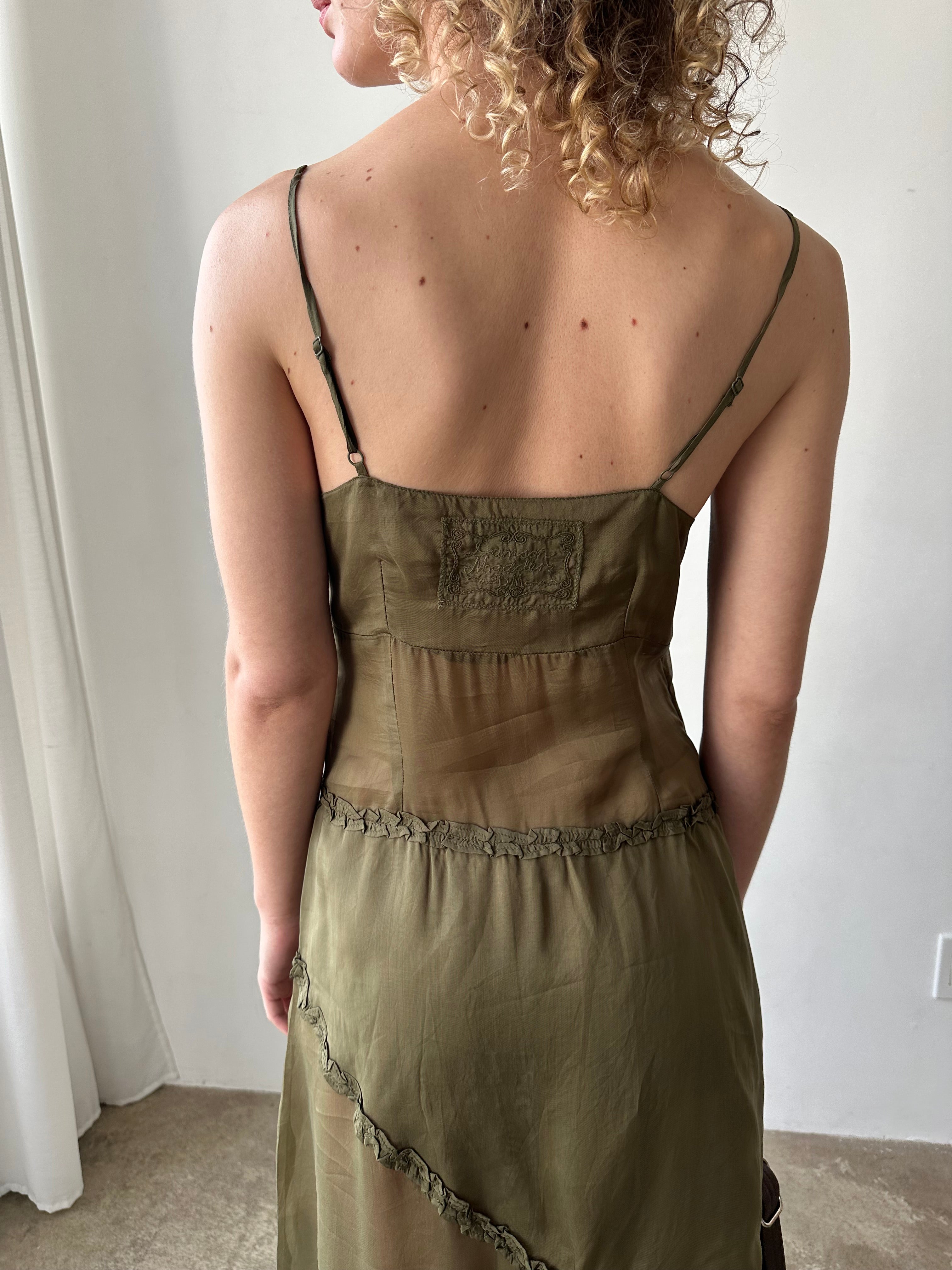 Sasha Ruffle Slip Dress Sheer Olive Fine Craftsmanship