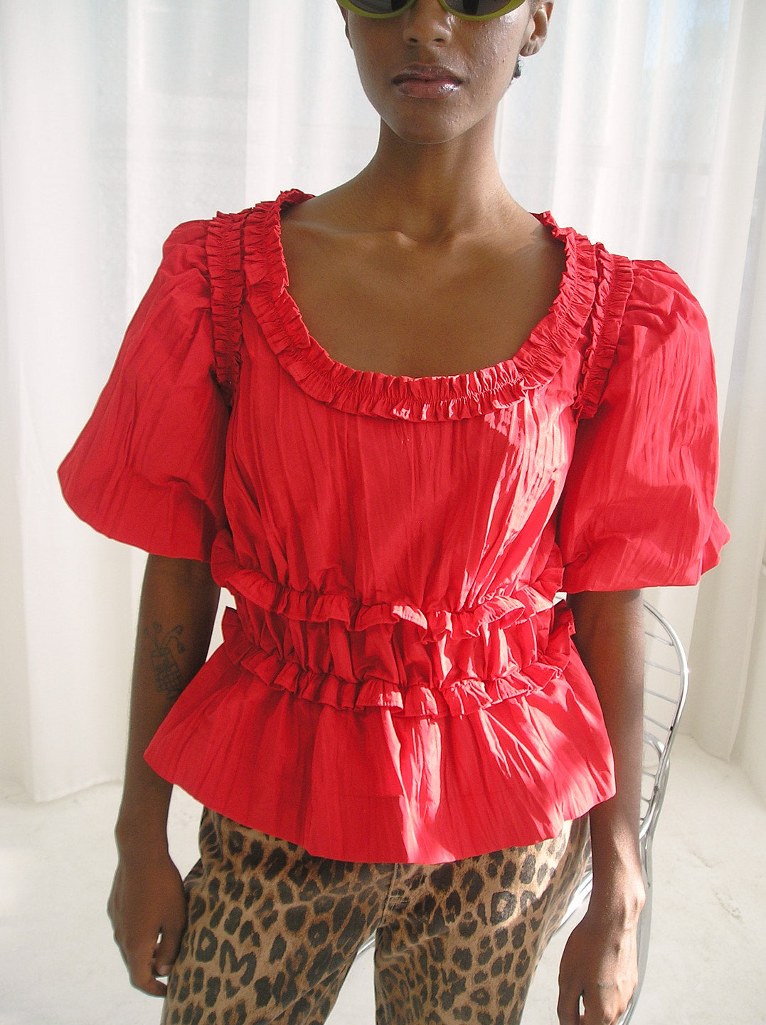 Everly Ruffle Blouse Red Tafetta Exclusive Style