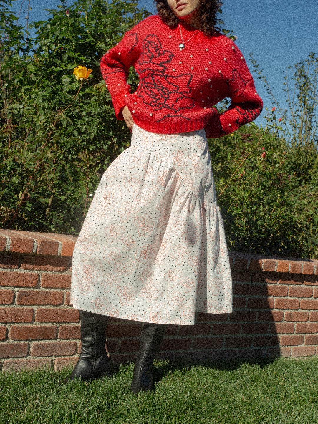 Maeve Midi Skirt Rose Dot White Fine Craftsmanship