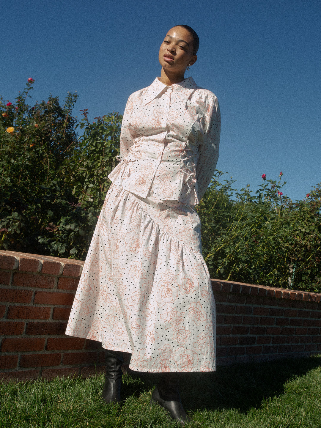 Maeve Midi Skirt Rose Dot White Fine Craftsmanship