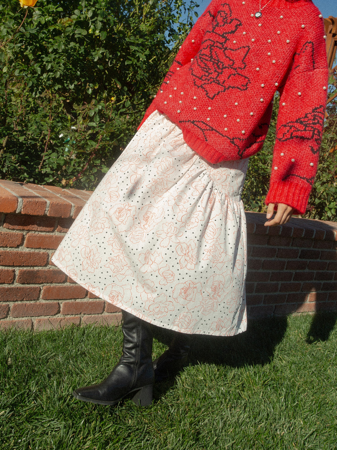 Maeve Midi Skirt Rose Dot White Fine Craftsmanship