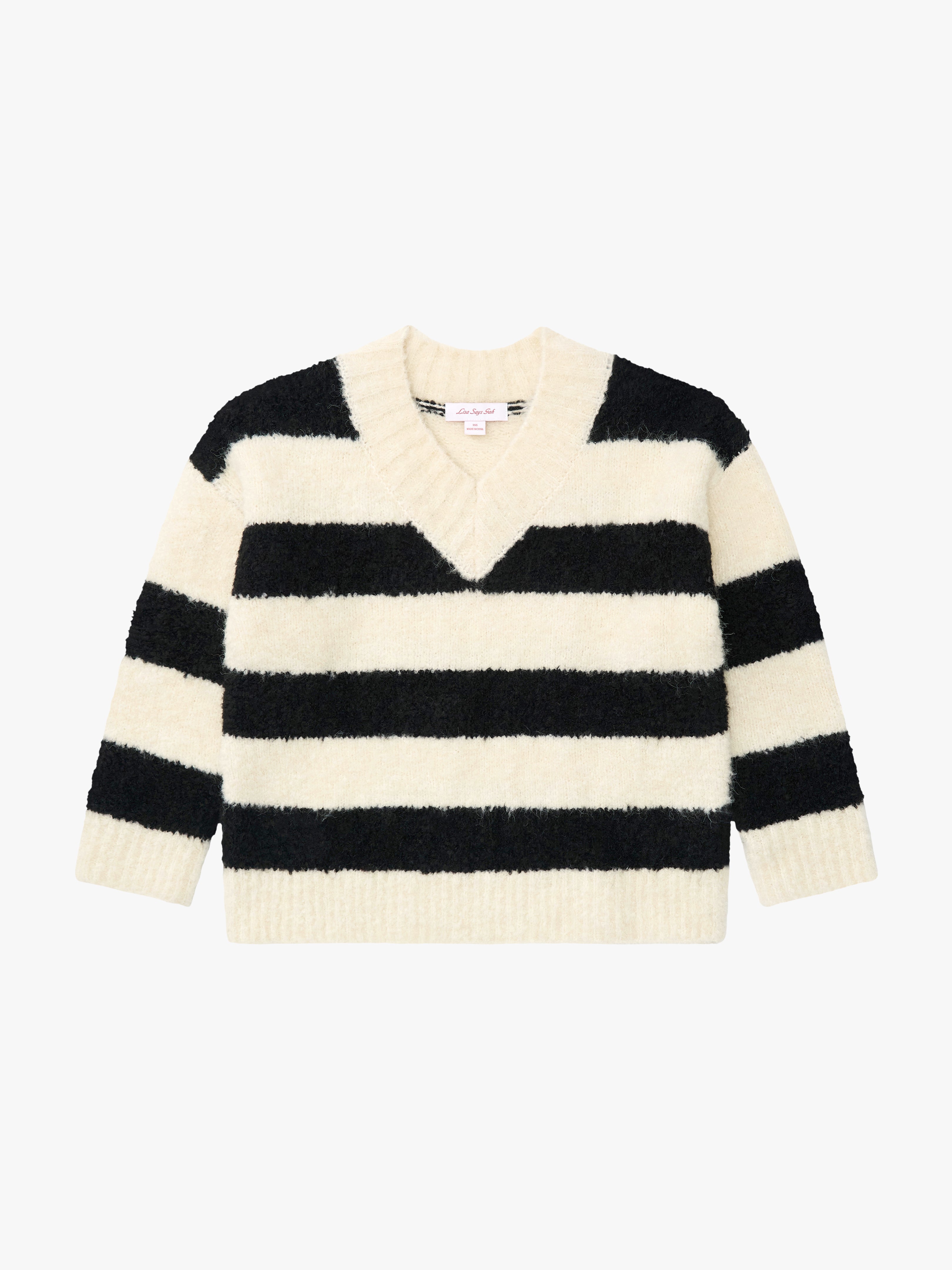 Coby V-Neck Sweater Black/White Stripes Fine Craftsmanship