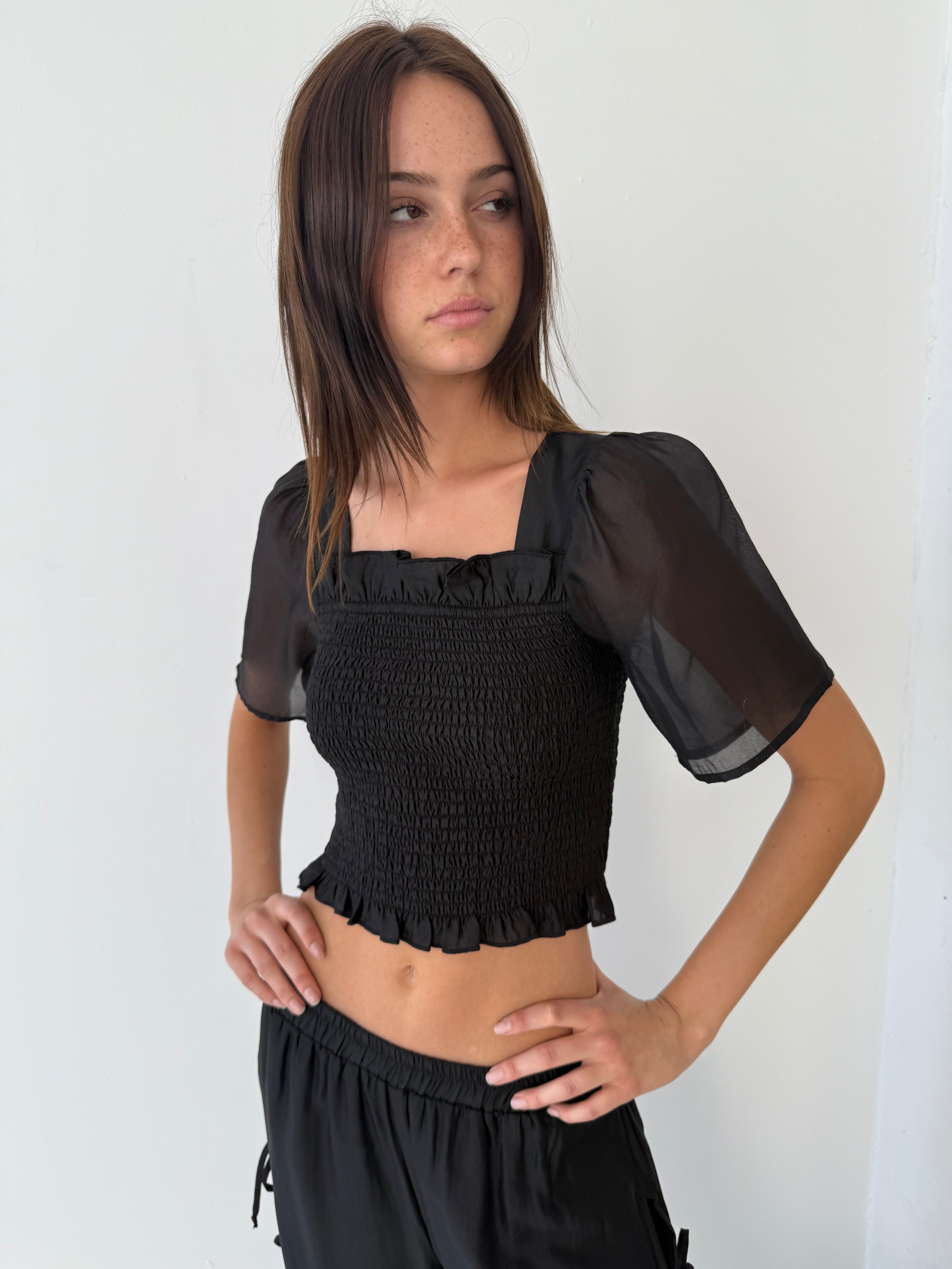 Toni Smocked Top Black Organza Fine Craftsmanship